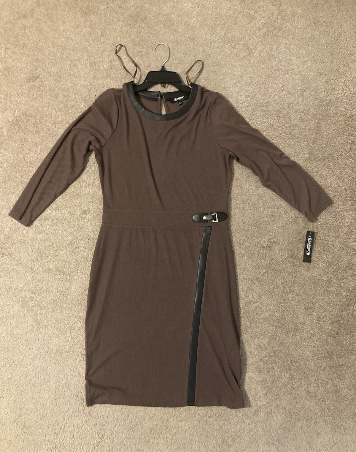 GLAMOUR Sheath Dress Size 10 Brown Ribbed Buckle Accent 3/4 Sleeve