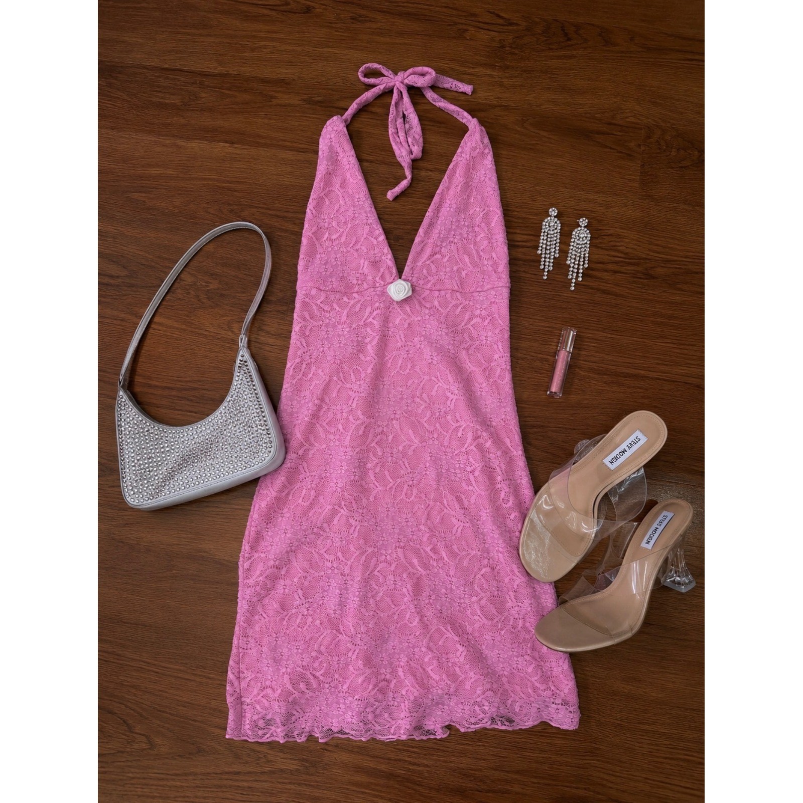 Pink Floral Lace Halter Mini Dress with Rosette Detail Y2K Style Coquette
