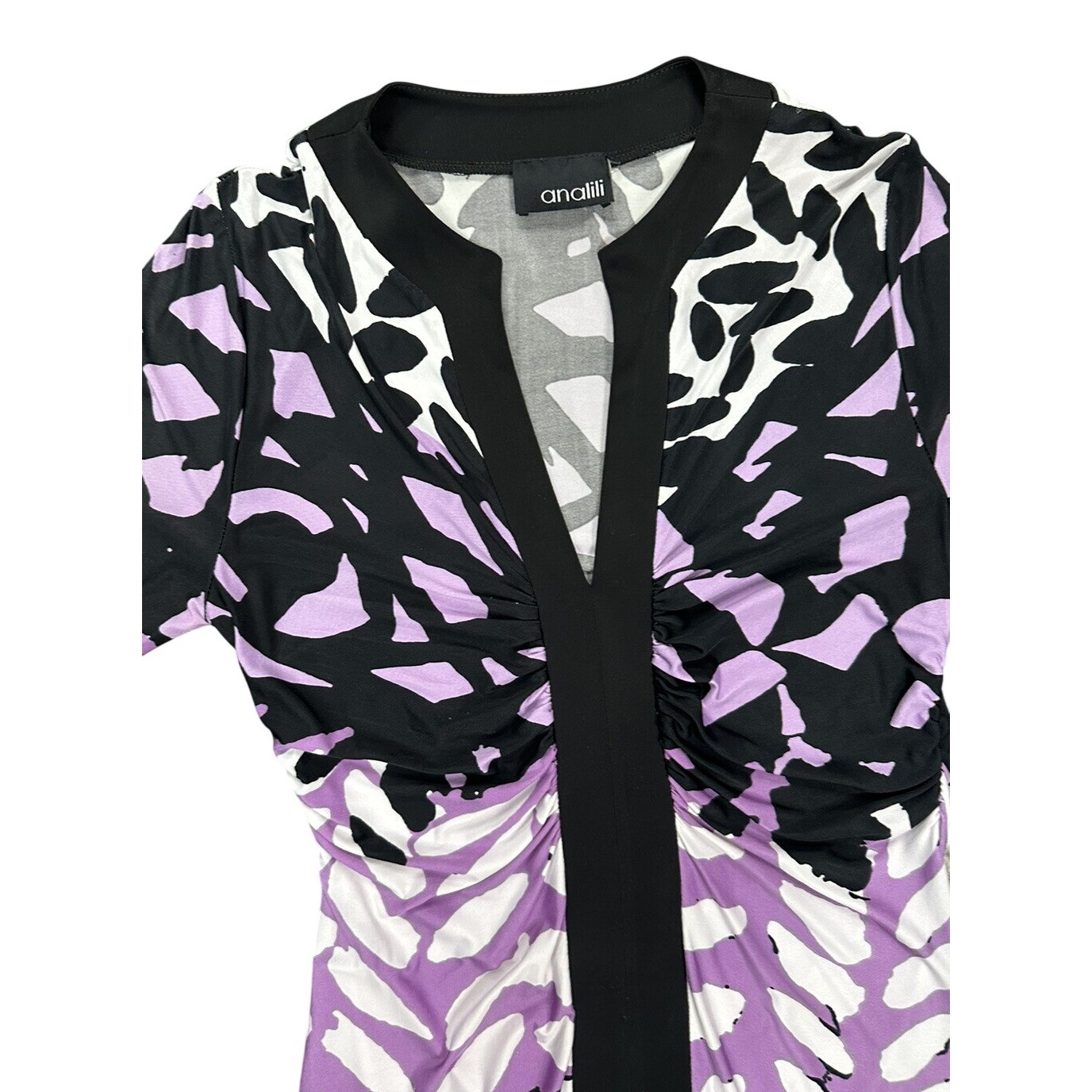 Analili Butterfly Print V-Neck Ruched Long Sleeve Dress Artistic Unique S/M