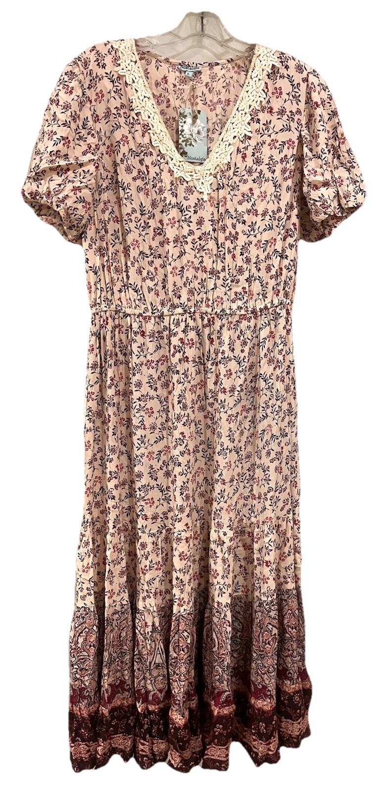 NWT Nostalgia Tiered Floral Midi Dress Beige Pink Brown Rayon Lace Boho Sz L