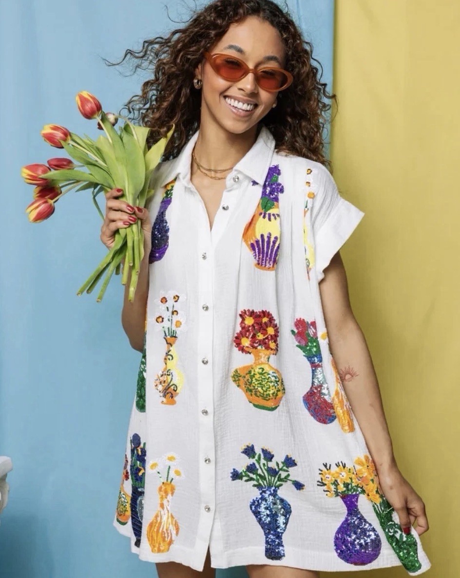 Queen of Sparkles Flower Vase Sequin Gauze Shirt Dress White Button Front Size L