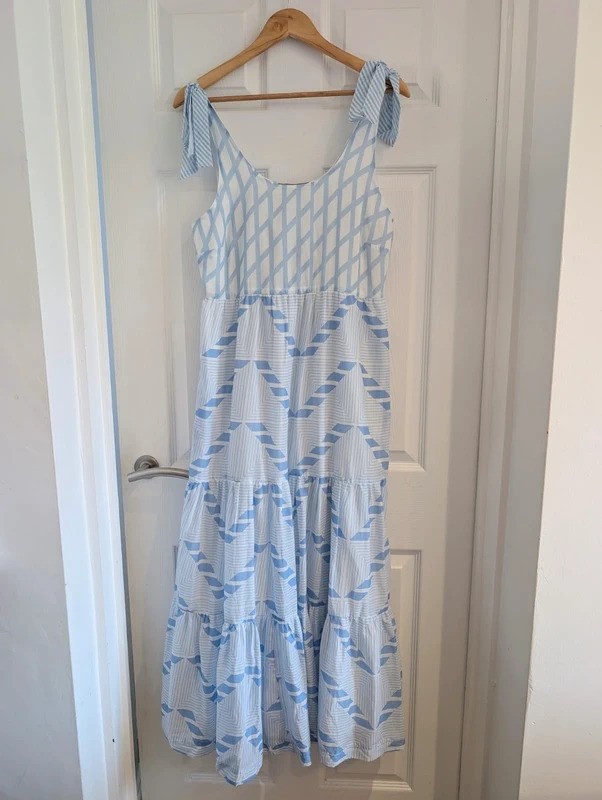 NEW Oliver Bonas Blue & White Tie Shoulder Tiered Maxi Dress UK 8
