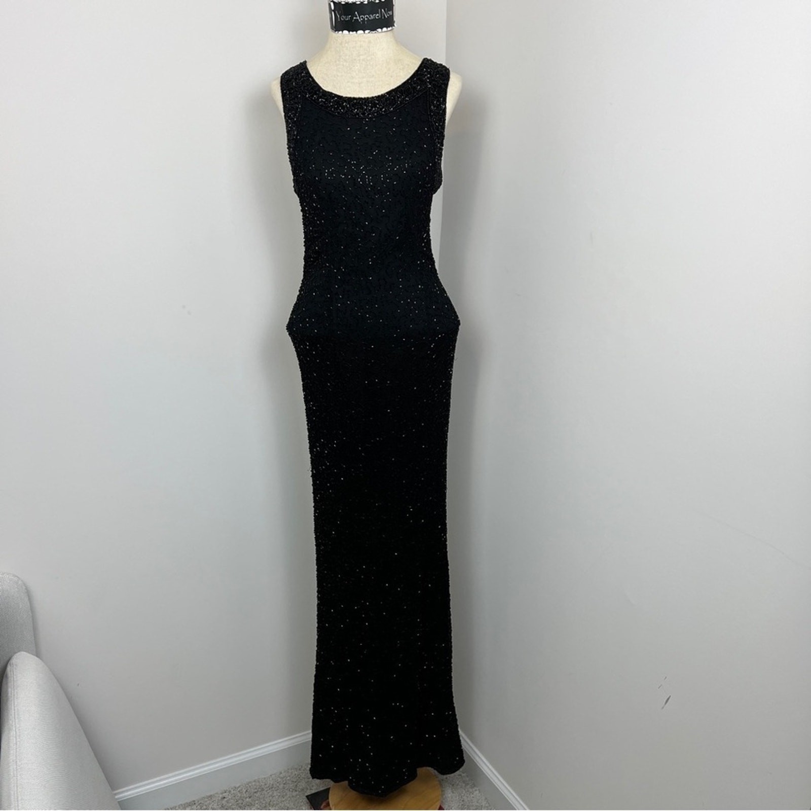Papell Boutique Evening Vintage Black Long Sleeveless Beaded Dress size 10