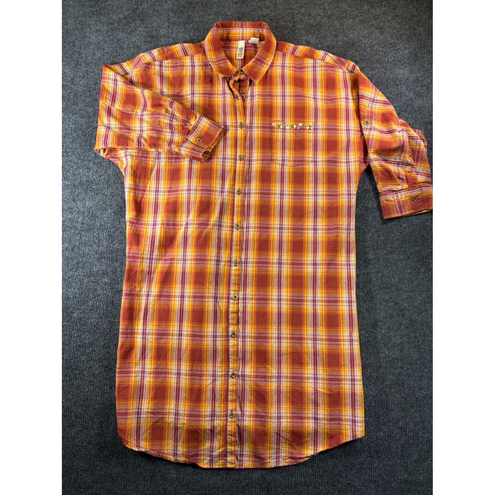 Route 66 Womens Orange Plaid Studded Shirt Dress Long Sleeve Roll Tab Large
