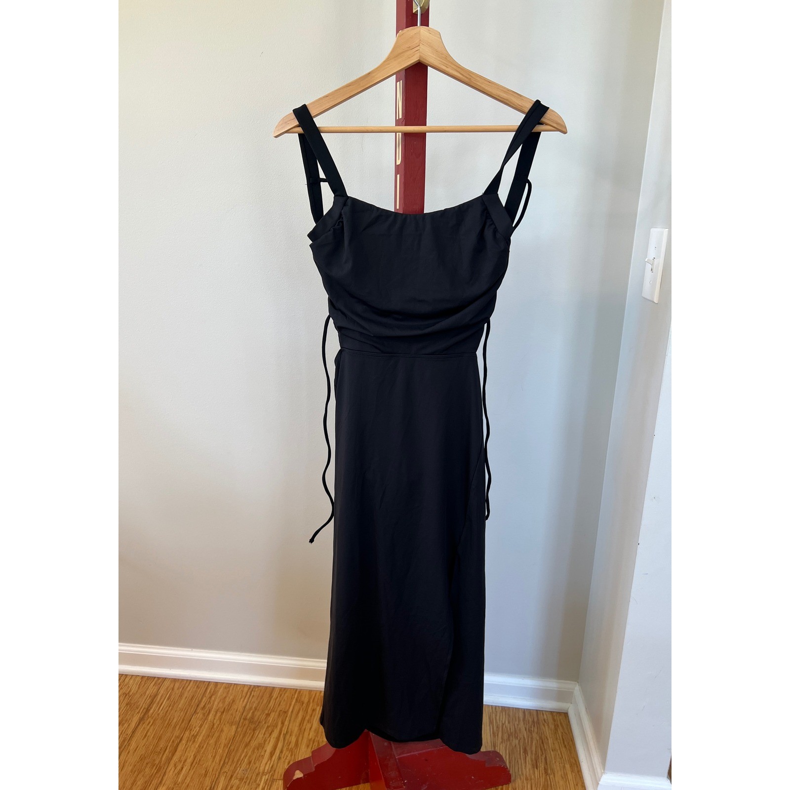 Halara Softlyzero Airy Black Midi Dress Lace Up Back Cut Out Side Slit Small NWT