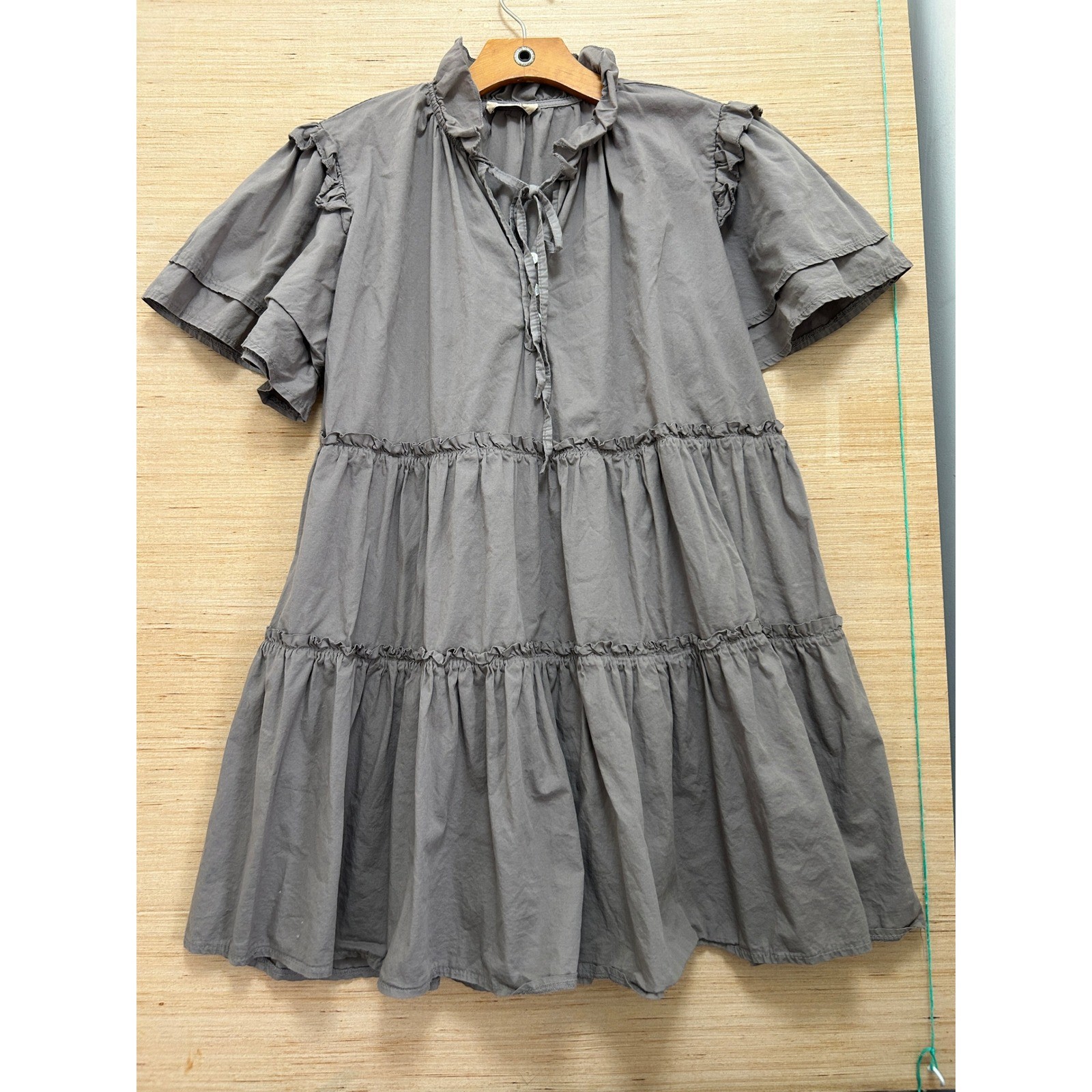 Sofia Made in Italy Grey Tiered Babydoll Dress Ruffle Neck Short Sleeve Cotton