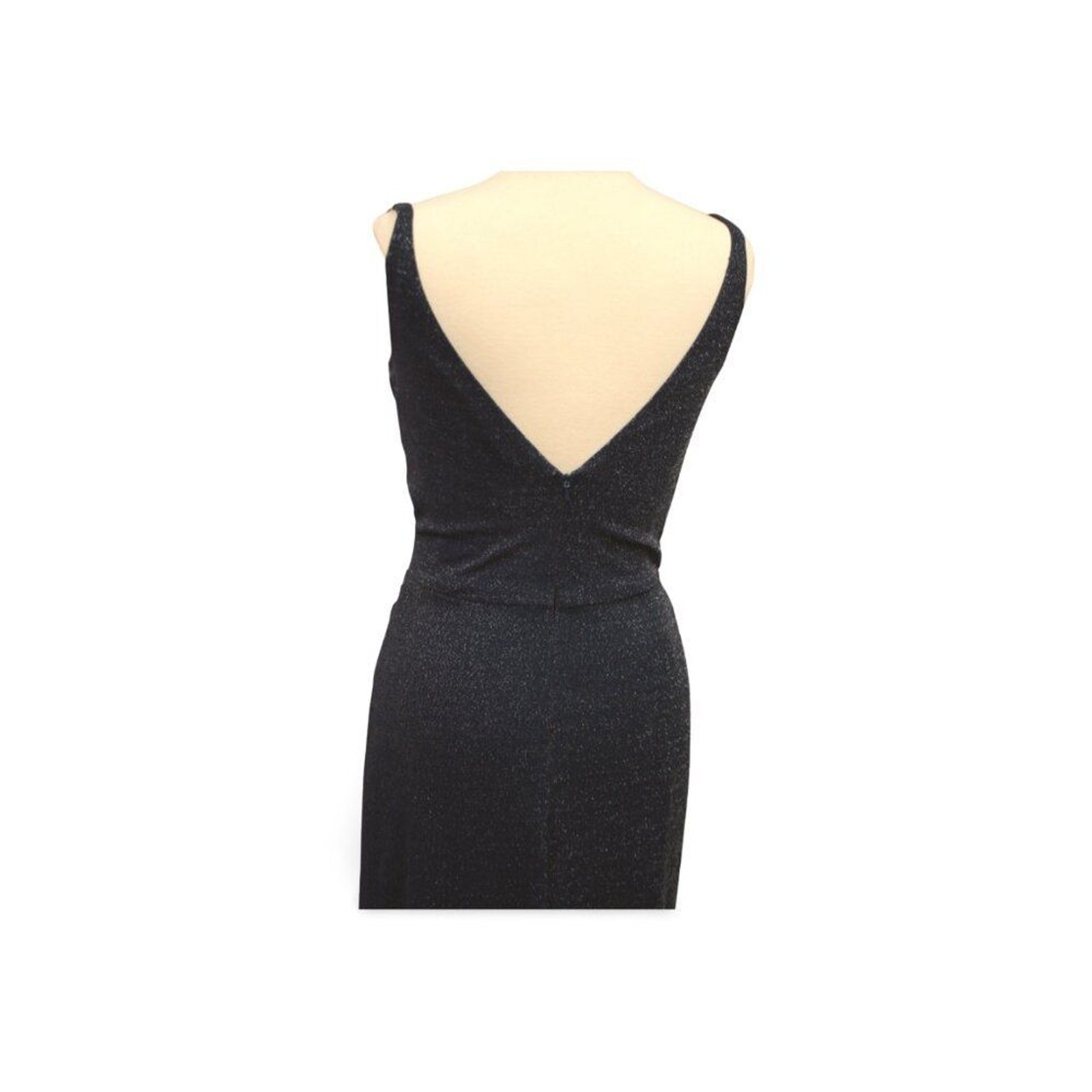 Navy Glitter Knit Fitted V-neck Formal dress with slit Bari Jay