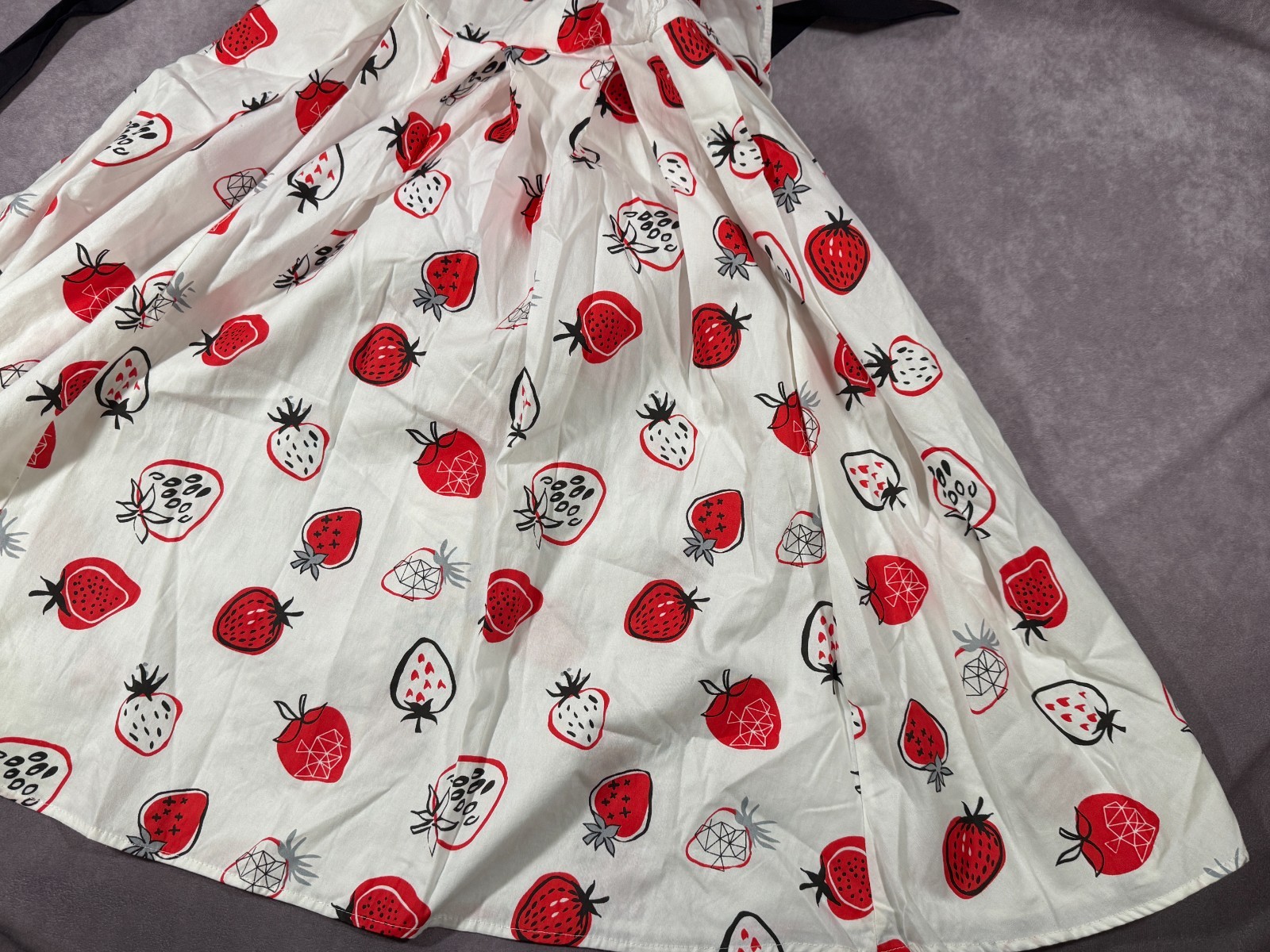 Unique Vintage MEDIUM White Strawberry Dress Retro Collared Tie Button