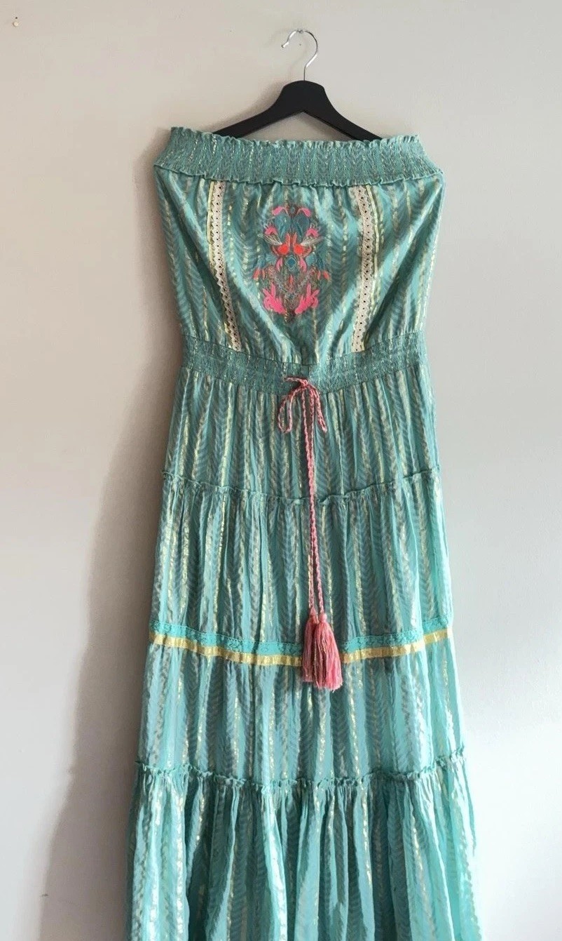 Venus Dress Womens M Stripe Green Pink Embroidered Off Shoulder Maxi Tassel Boho