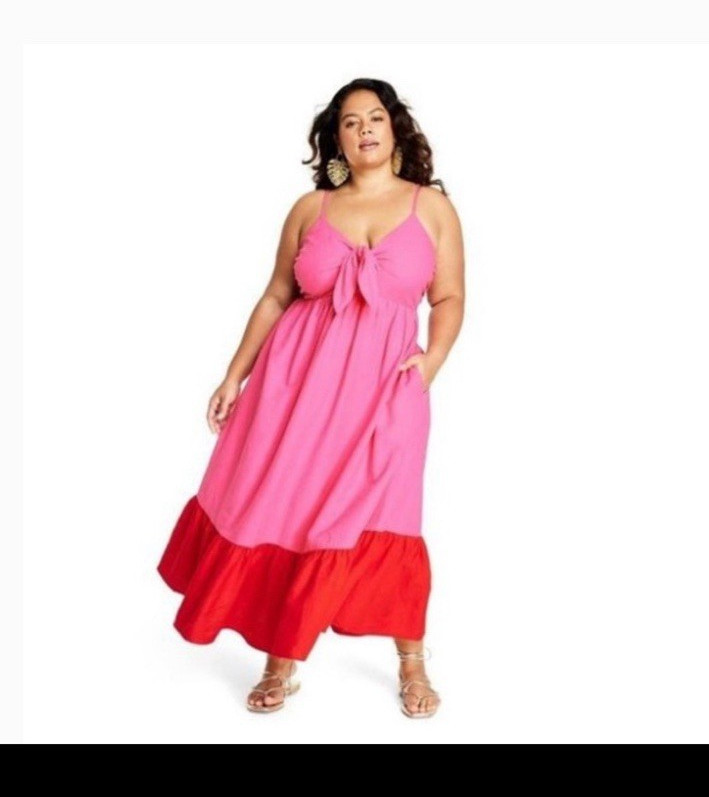Pink Red Colorblock V-Neck Spaghetti Strap Sleeveless Tie Front Maxi Dress 1X