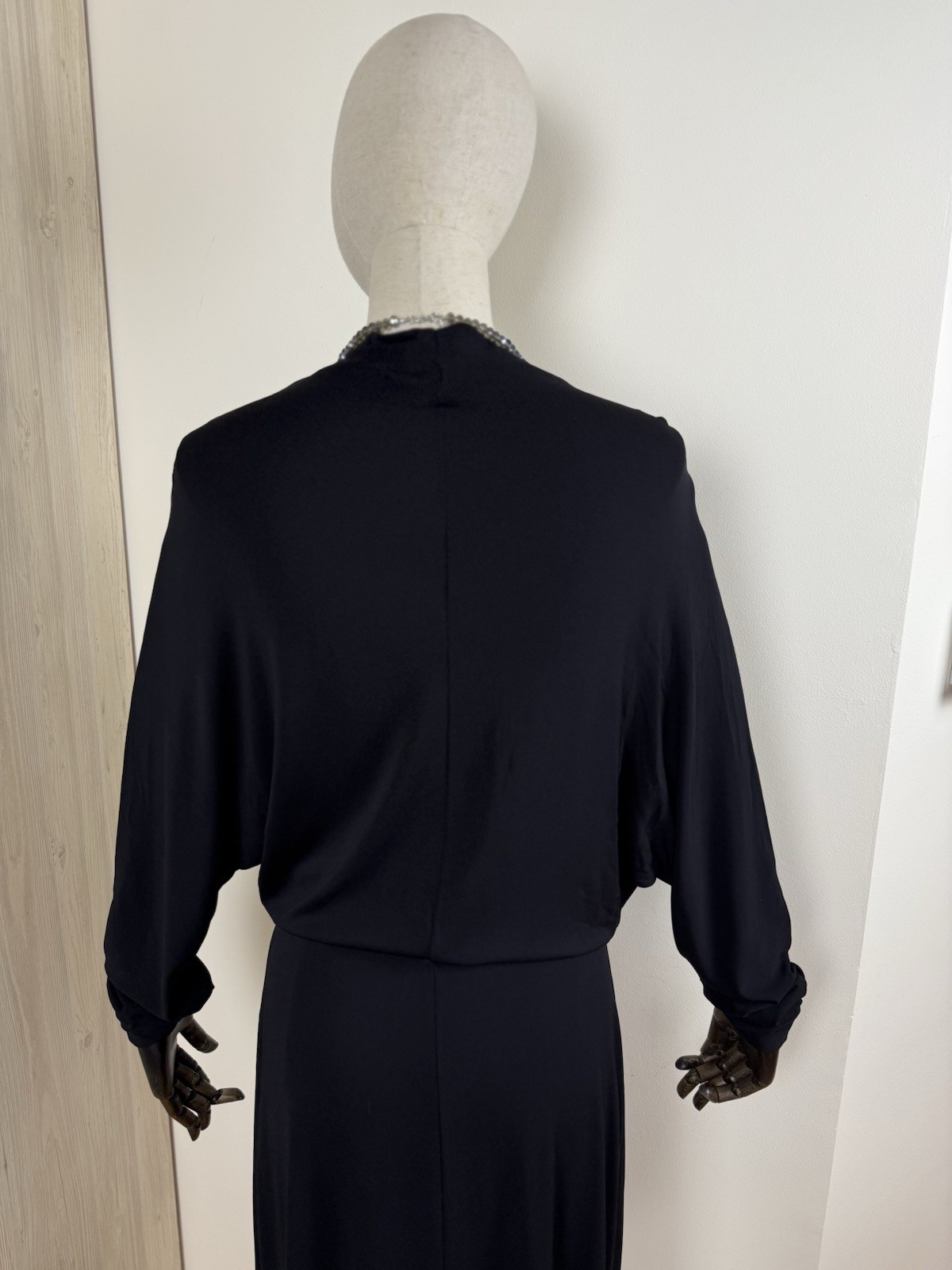 Filippa K Black Minimalist Midi Dress M Draped Batwing Sleeve Scandinavian Chic