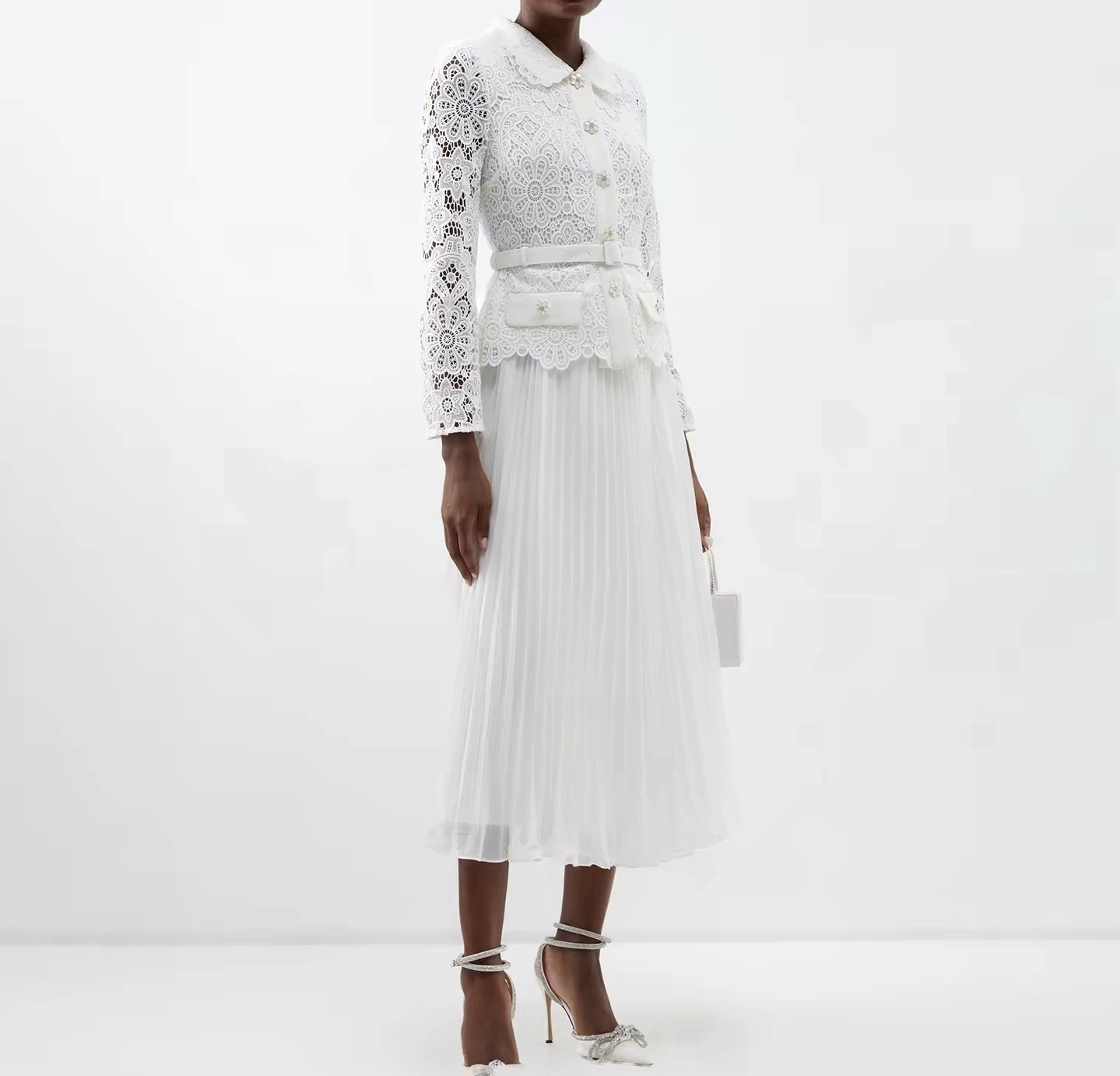 Self-Portrait White Lace Peplum Belted Midi Dress