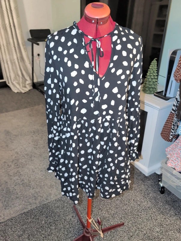 Collusion Black and White Polka Dot Long Sleeve Dress UK 10 EU 38 US 6