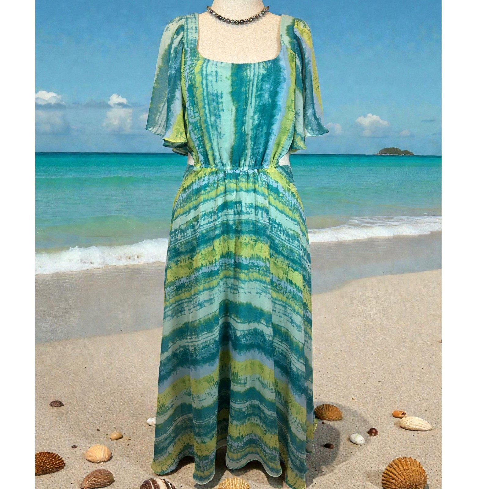Boho Tie Dye Maxi Dress size 14 Chiffon Flutter Sleeve Cut Out Side High Low Hem