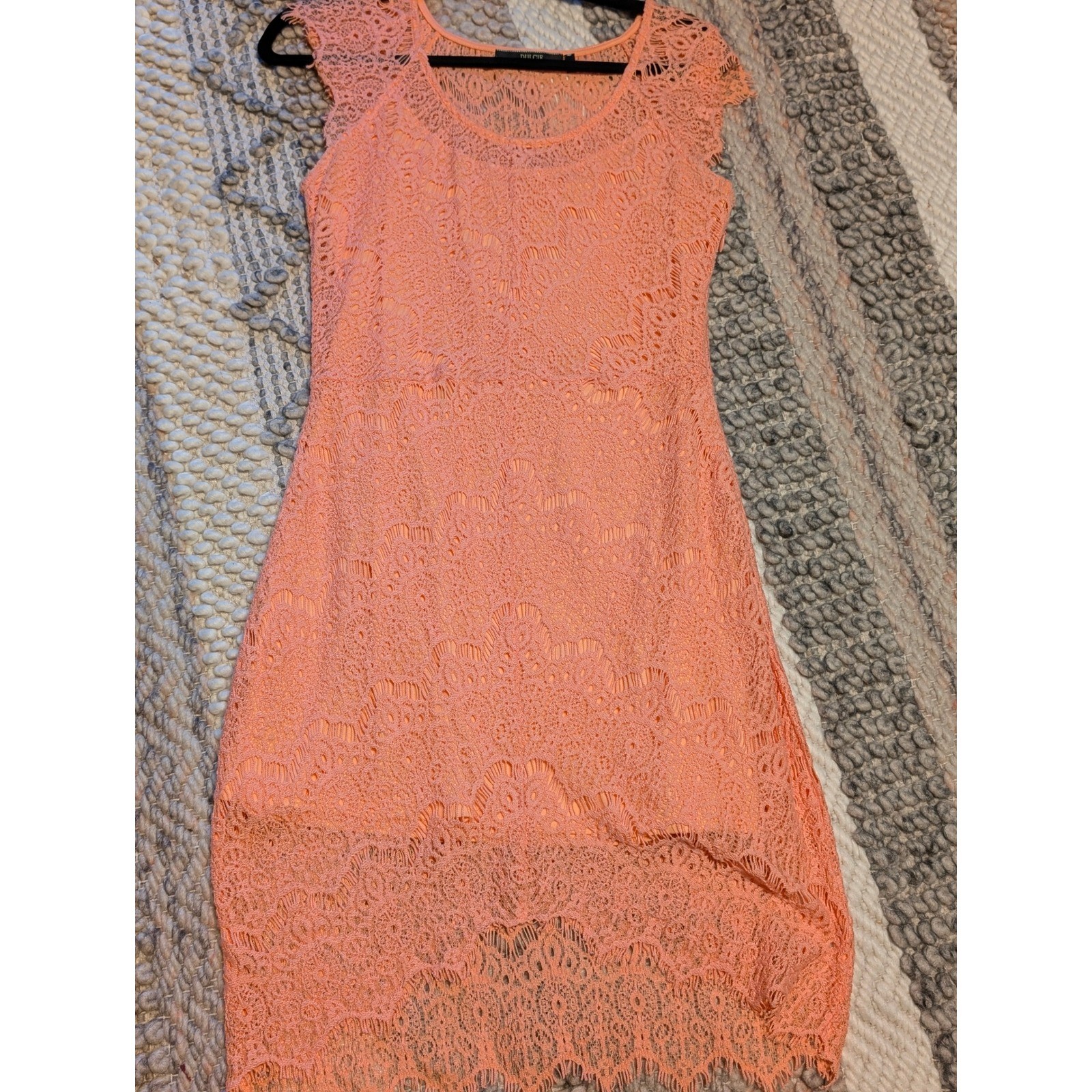 Dulcie Peach Lace Sheath Dress Cap Sleeve High Low Hem Coral Medium