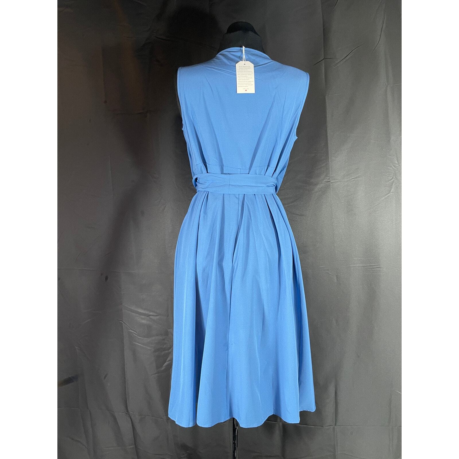 Blue sleeveless knee length dress, rayon fabric, natural drape, small