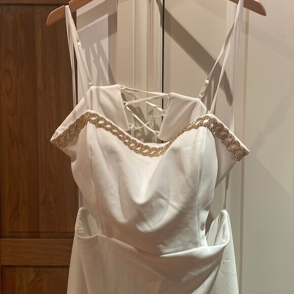 Xscape Amabella lace up long strapless scuba crepe white embelishment 16 wedding