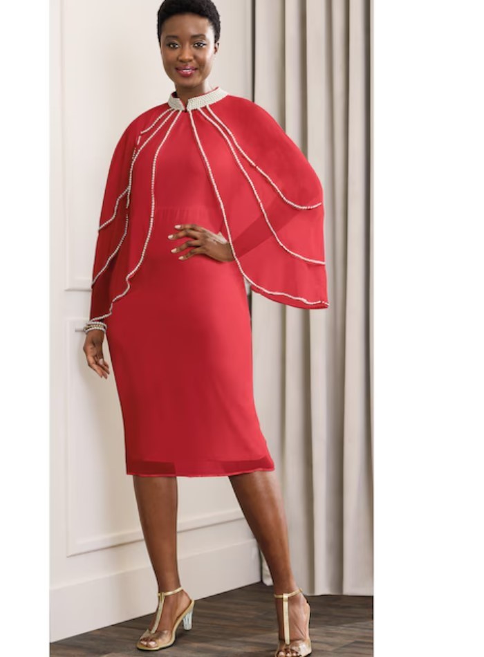 Size 8 Ashro Red Formal Wedding Church Party Pearl-Trim Cape Jacket Dress