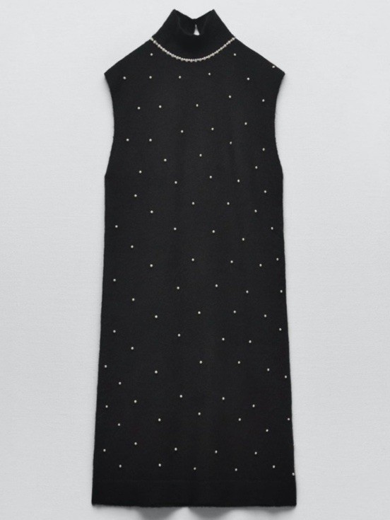 ZARA Pearl Rhinestone Mock Neck Posh Glam Classy Bling Y2K Knit Dress Black L