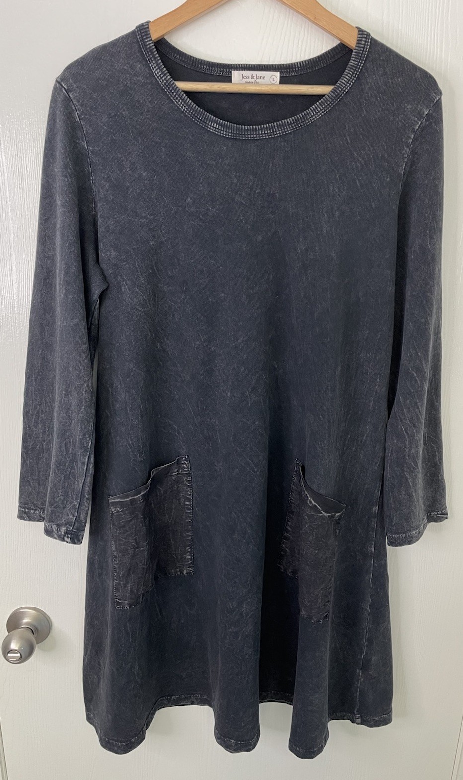 Jess & Jane Large Black Mineral Wash Cotton Tunic Dress USA Long Sleeve Pockets