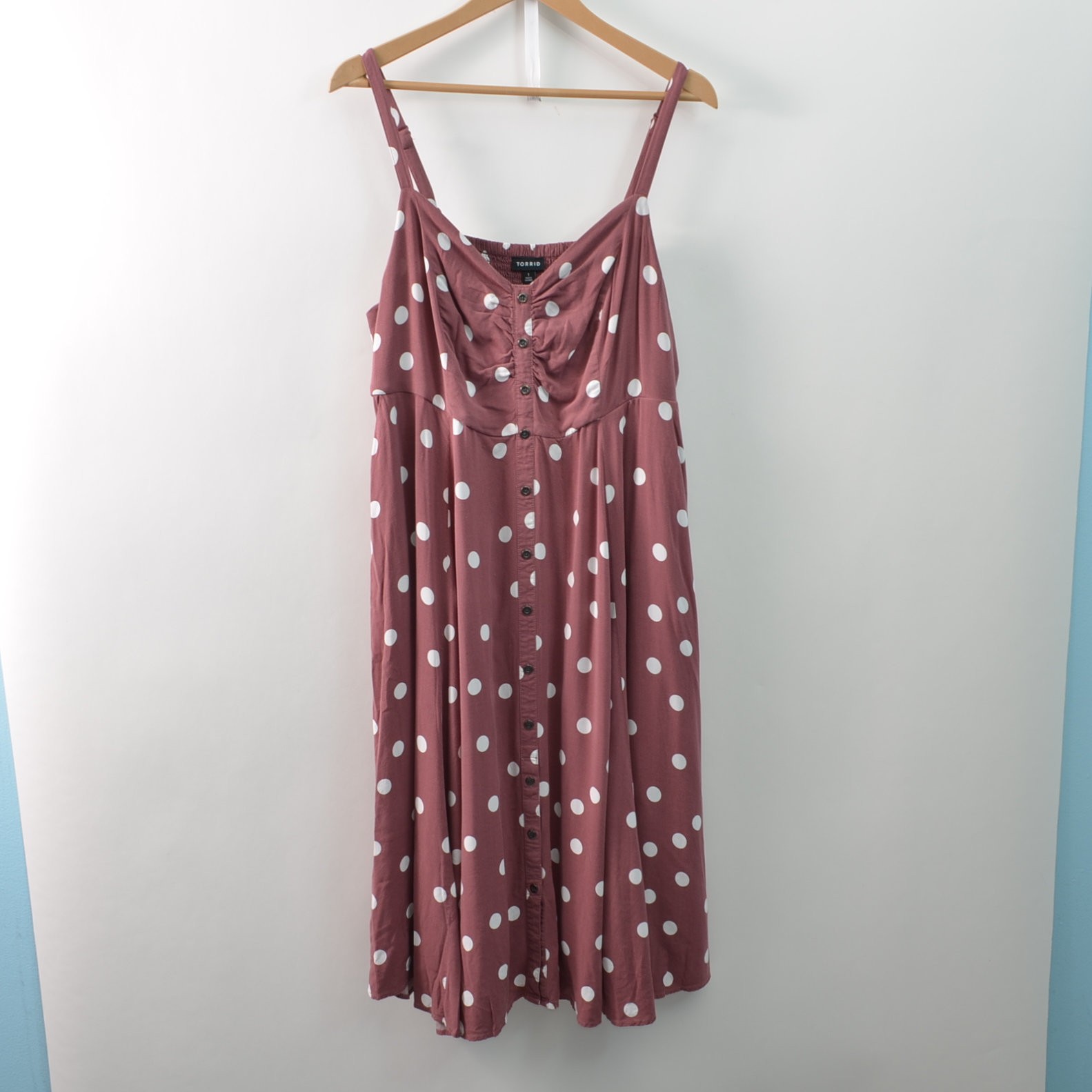 Torrid Womens 1X Button-Up Midi Dress Mauve Woven Rayon Spaghetti Strap Flaw