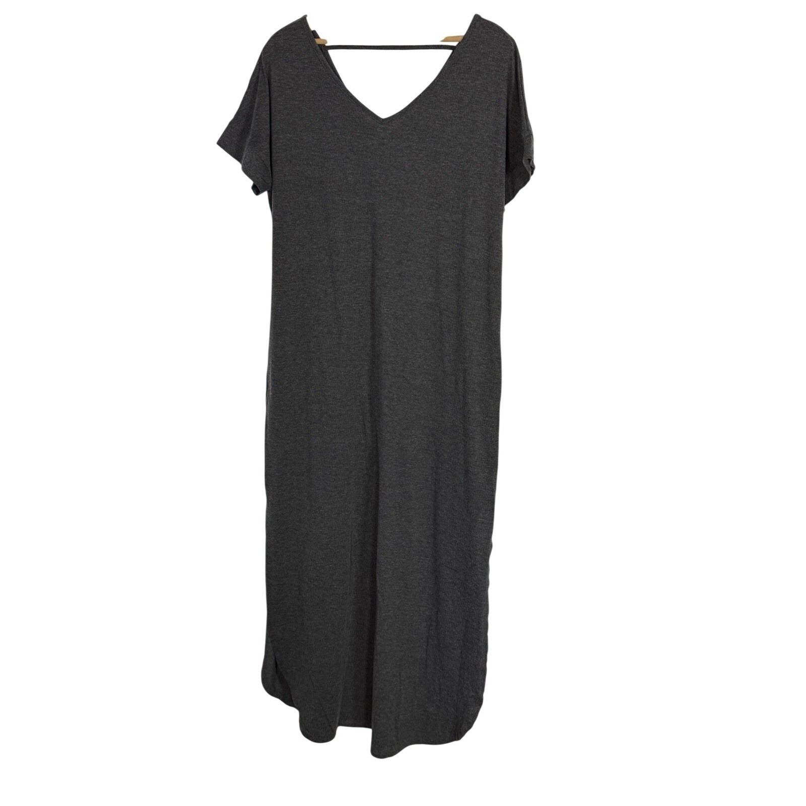 Womens Casual Maxi Dress Large Grey Cotton Blend Short Sleeve Side Slits