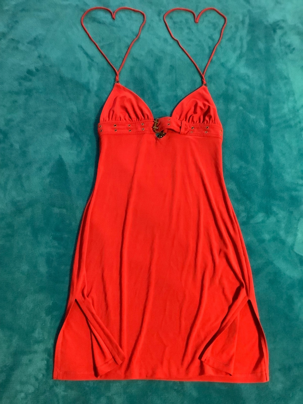 Unyx polyester side slits buckle high waist double spaghetti strap halter dress