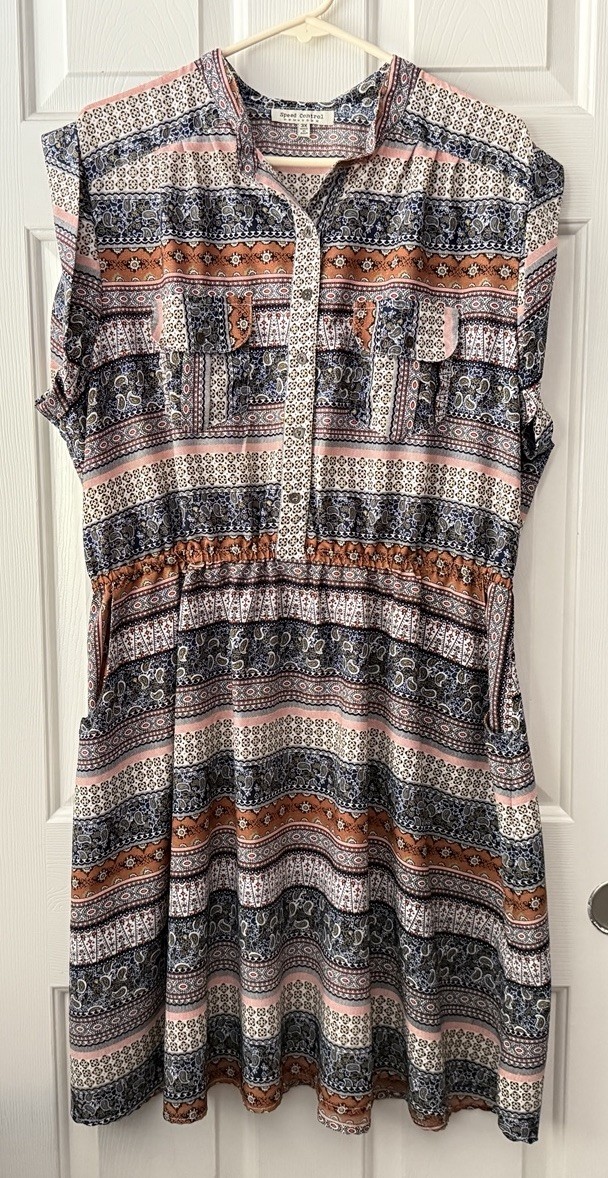 speed control 3X boho paisley stripe multi short sleeve cinch waist button dress