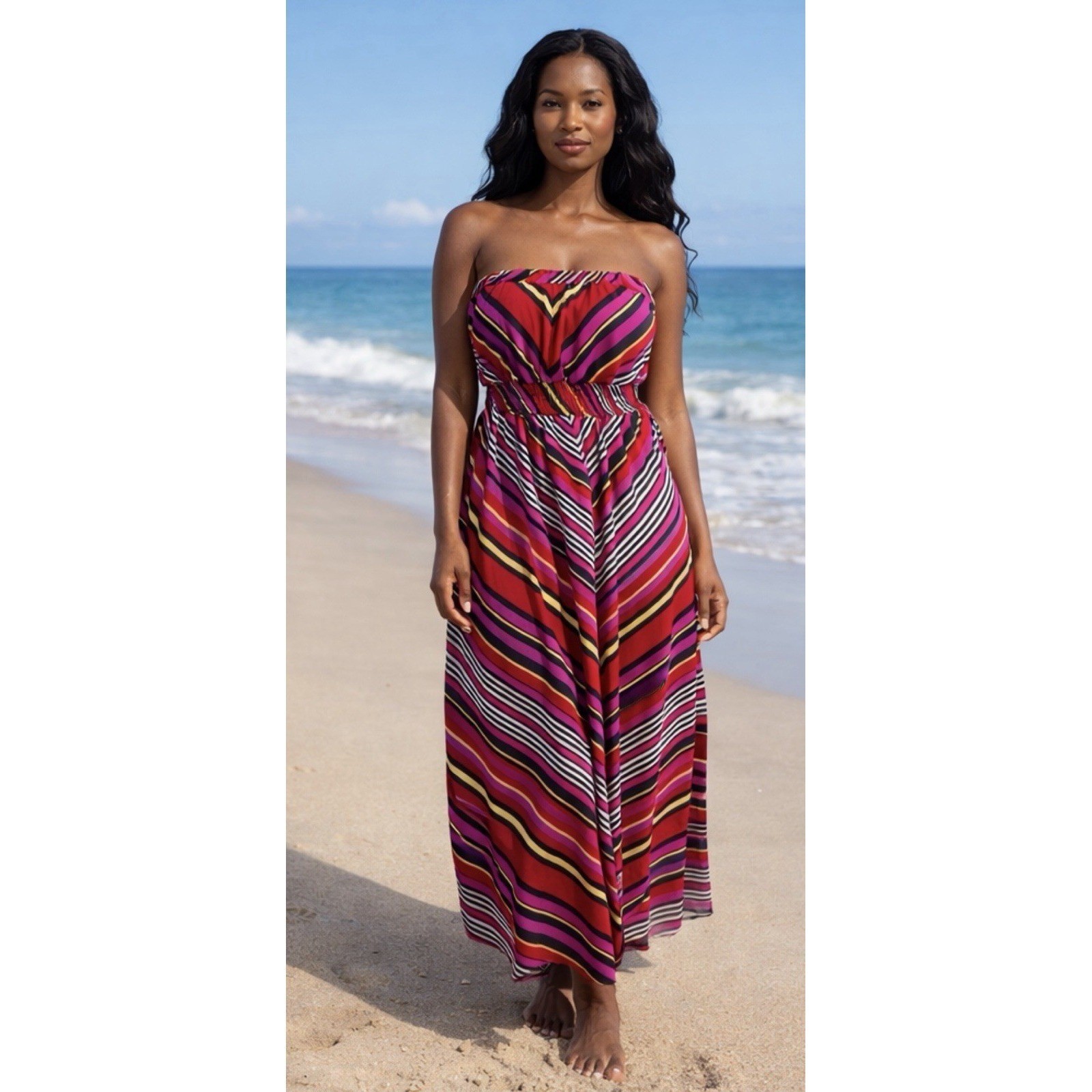 She’s Cool Striped Multi Color Strapless Sheer Lined Maxi Dress XL