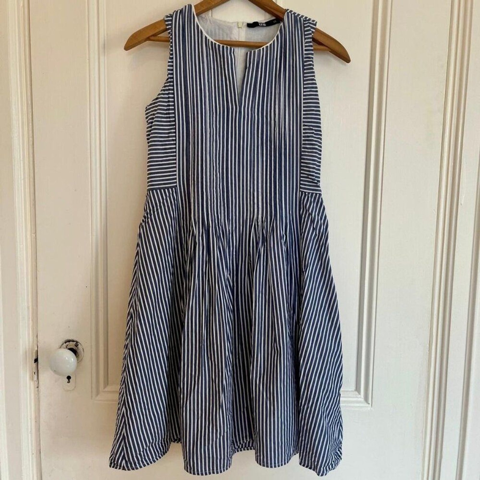 Spring Summer Classic Nautical Costal Striped Blue White 100% Cotton Dress Sz XS