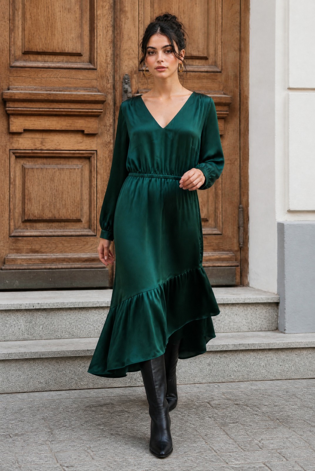 New Lane Bryant Forest Green Satin Faux Wrap Long Dress 18