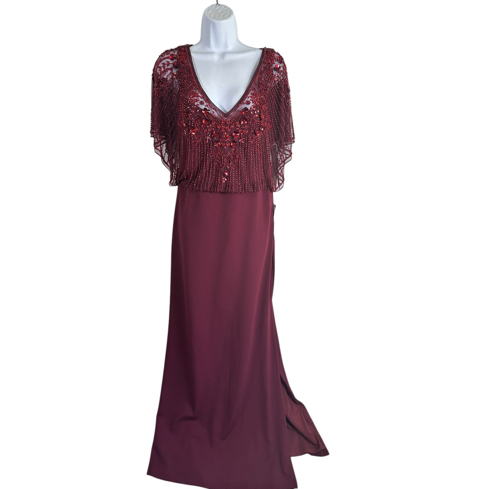 Aidan Mattox Beaded Evening Gown Wine Sequin Capelet Art Deco Old Hollywood Sz10