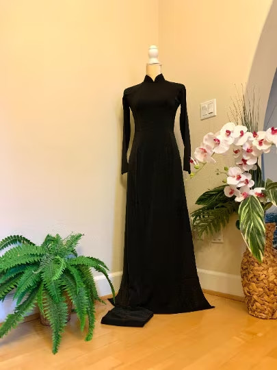 Black Ao Dai Vietnamese Lua My Silk Long Dress with Matching Pants G79