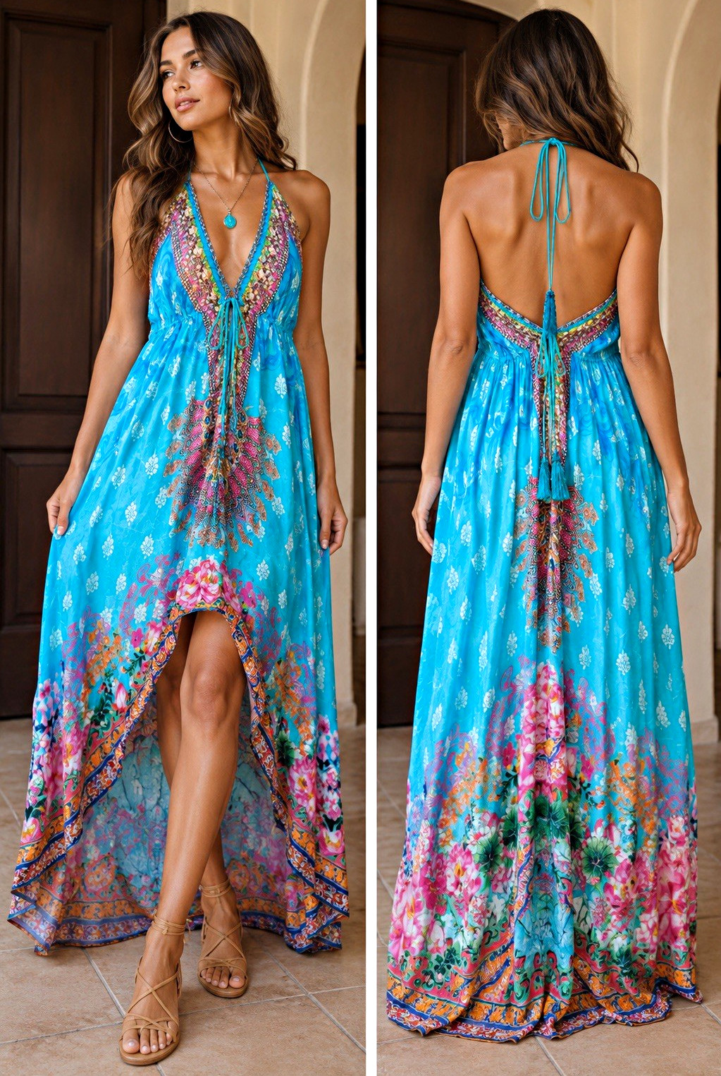 Blue Floral Maxi High Low Dress V-Neck Backless Halter Tie Silk Viscose OS