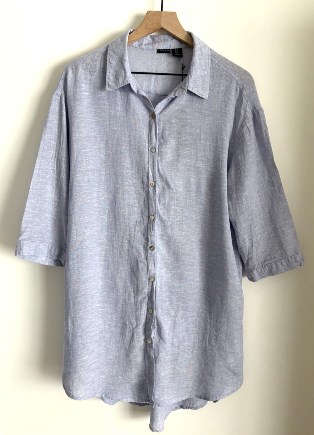Tahari Women’s NWT Chambray Blue Linen Blend Button Front Shirt Dress Sz M
