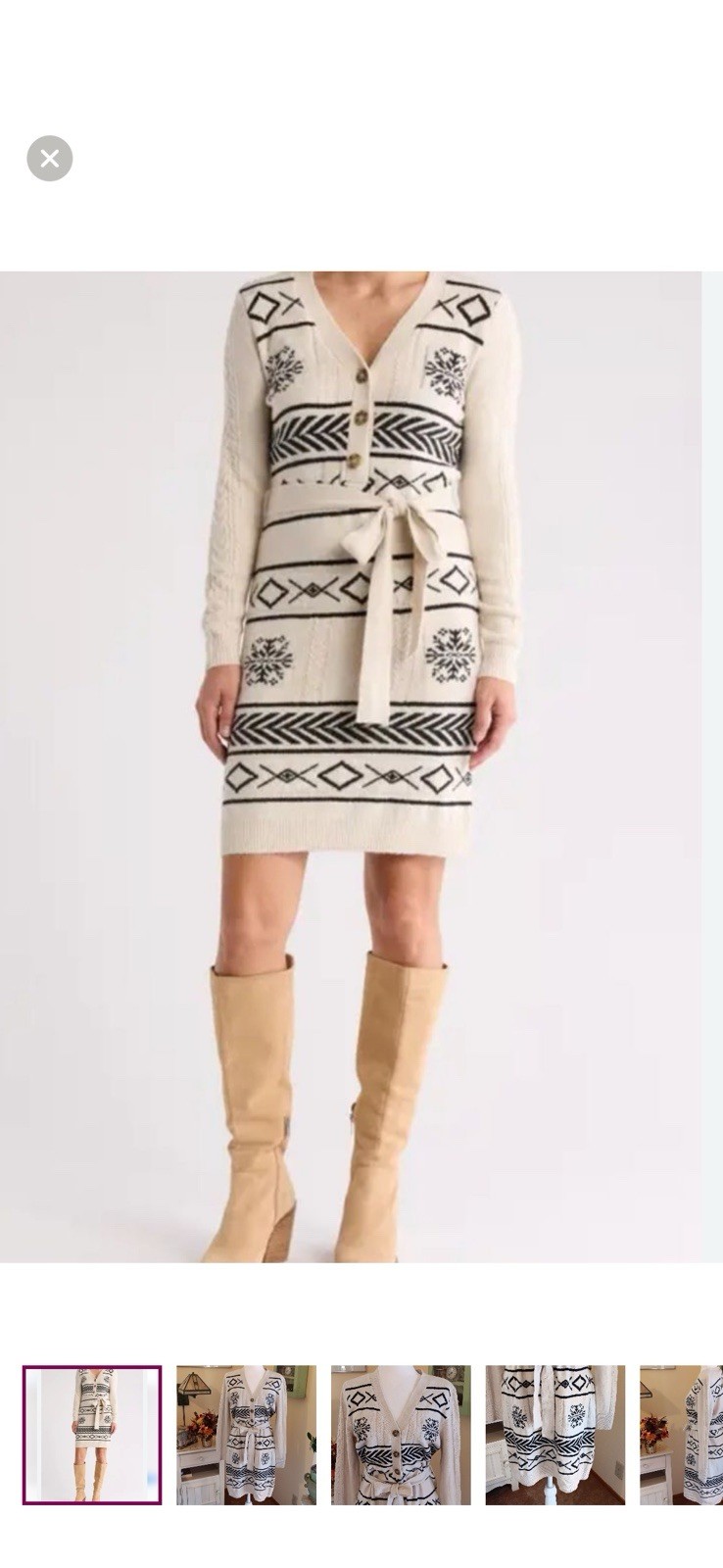 NWT Lucky Brand Cream Mocha Jacquard Belted Sweater Dress L