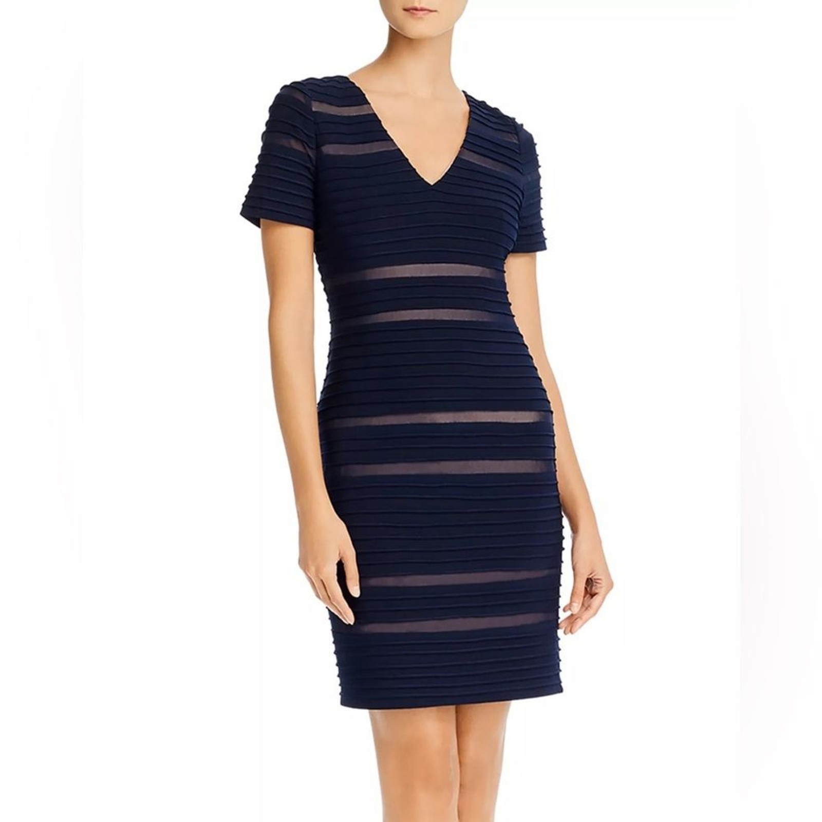 NWT Adrianna Papell Pintucked Spliced Sheath Dress Woman’s Size 14 Navy Blue