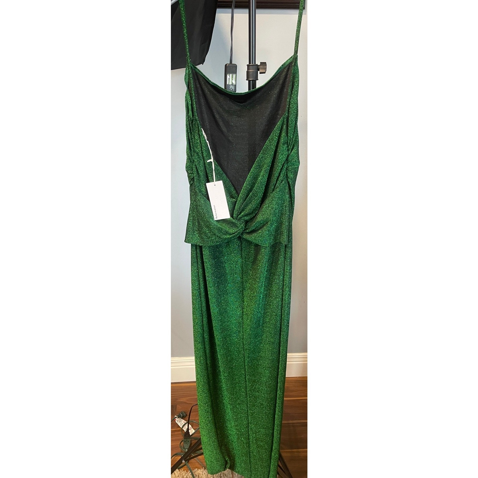 Reformation Breslin Knit Midi Dress Open Back Emerald Sparkle Green XL NWT