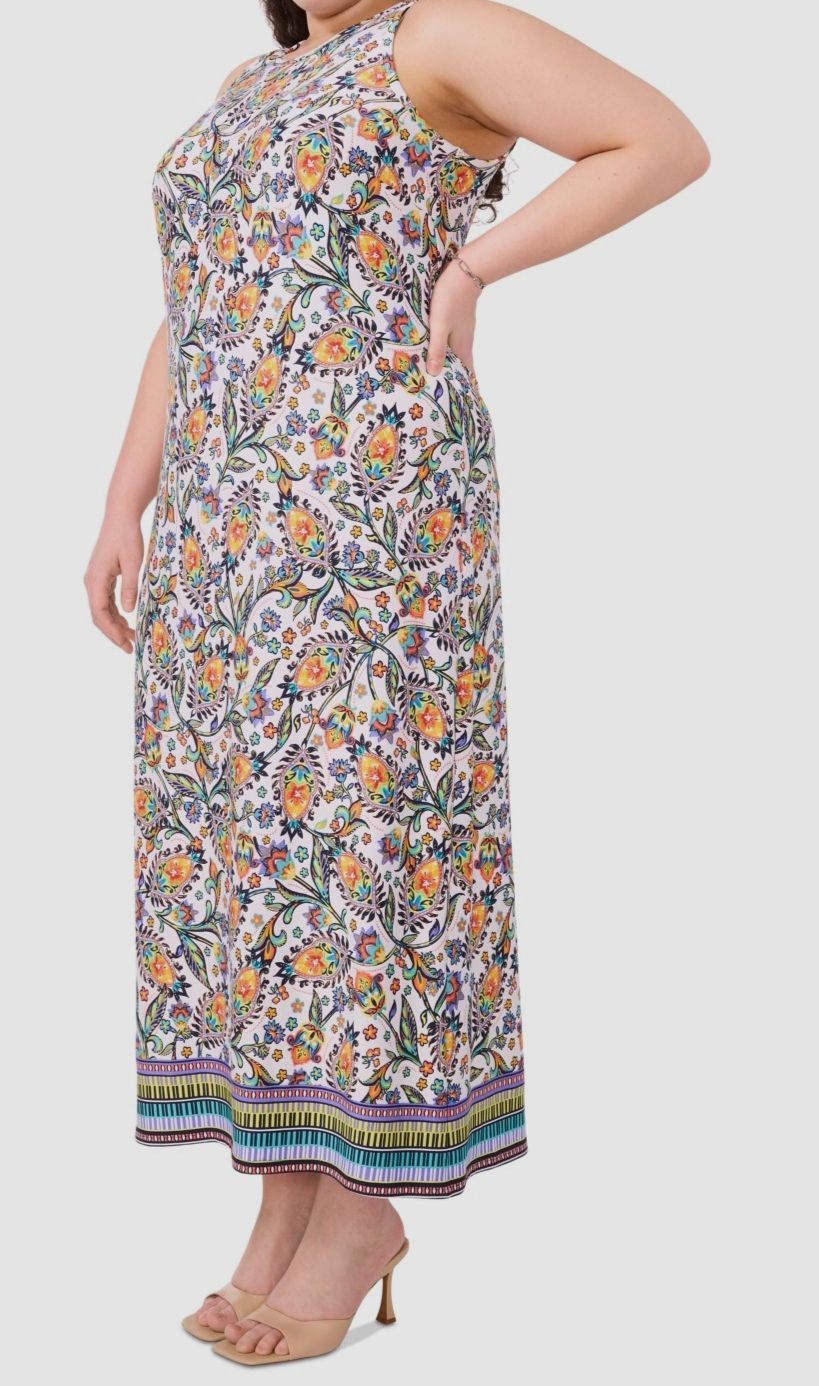 MSK Women’s White/Blue Printed Round-Neck Sleeveless Maxi Dress Plus Size 1X