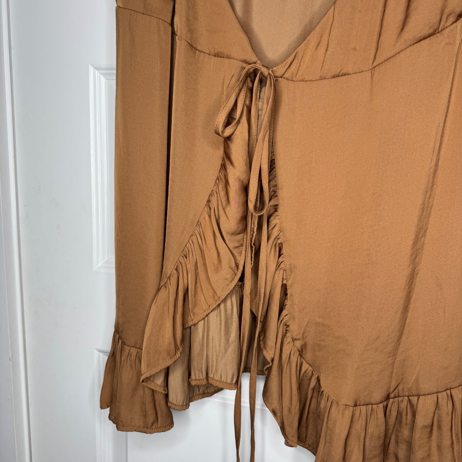 Free People All My Love Shine Mini Wrap Slip Dress Size Large Tan Brown NWT