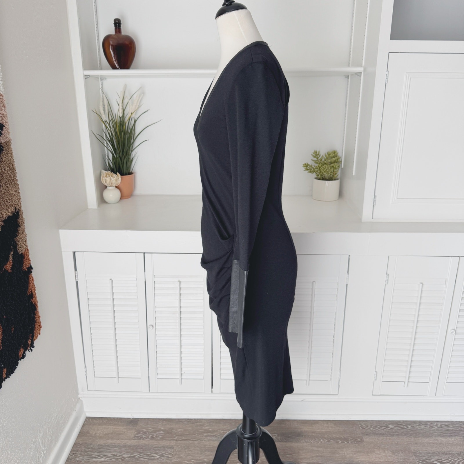 Joseph Black Wool Leather Sleeve Ruched V-Neck Muriel Midi Dress Size 10