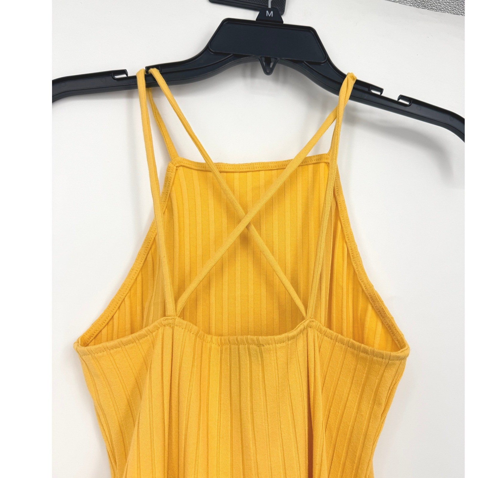 Forever 21 Mustard Yellow Ribbed Strappy Cross Back Bodycon Mini Dress Small