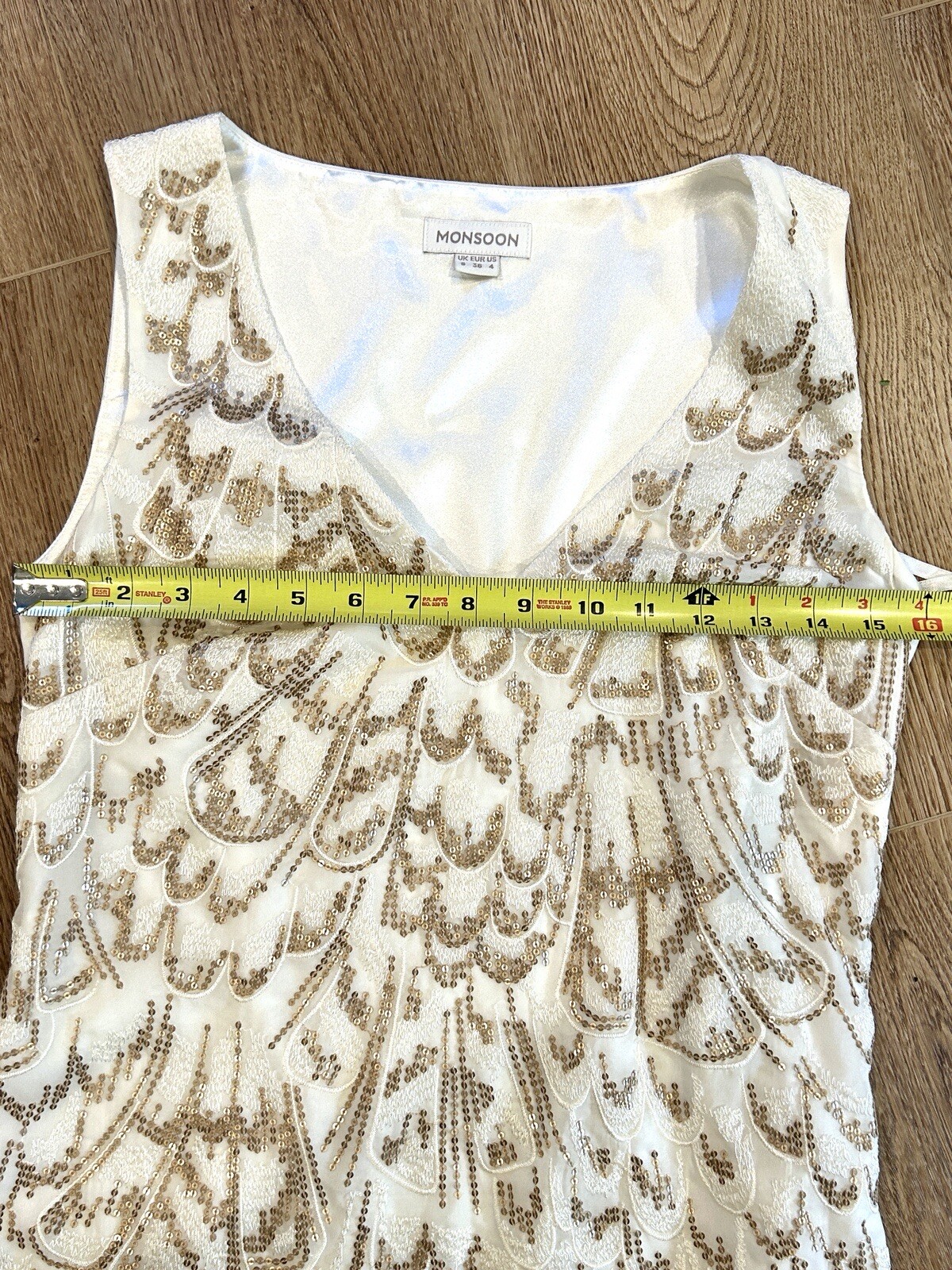 Monsoon UK Ivory Gold Cascading Sequins Shift Dress Size 4 Summer Cocktail Party
