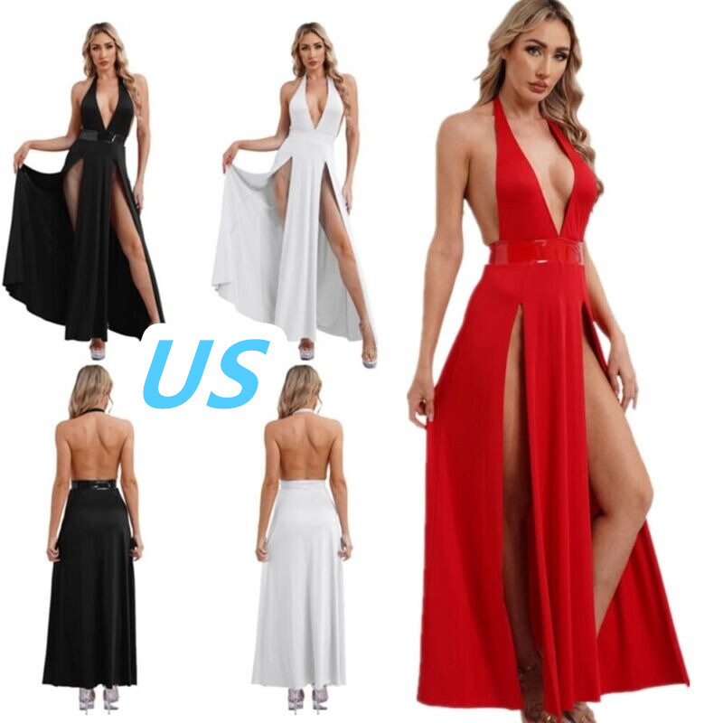 US Womens Sexy High Split Maxi Dress Deep V Neck Halter Backless Dress Clubwear
