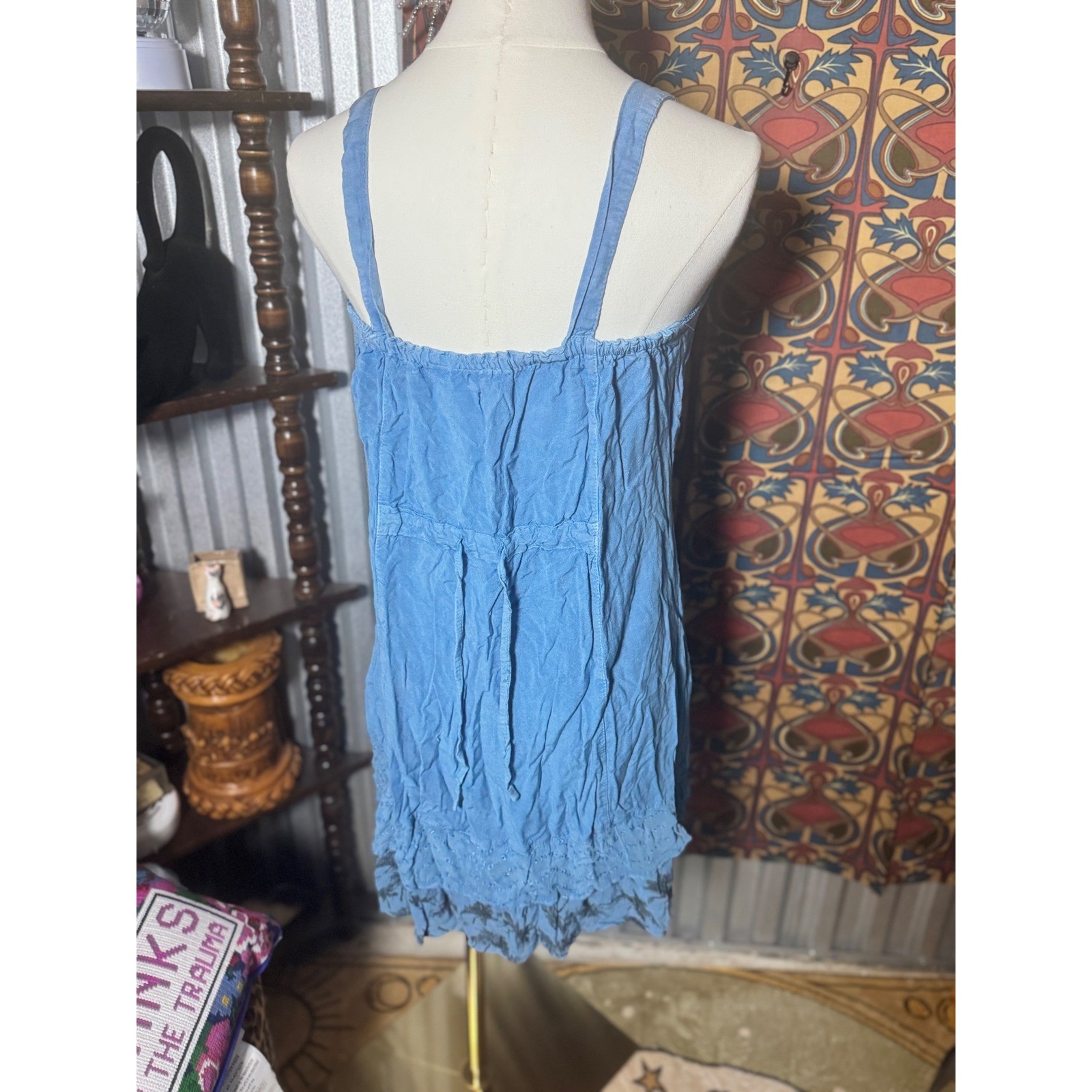 Raya Sun Embroidered Mini Dress Light Blue Sleeveless Boho Hippie Women’s M
