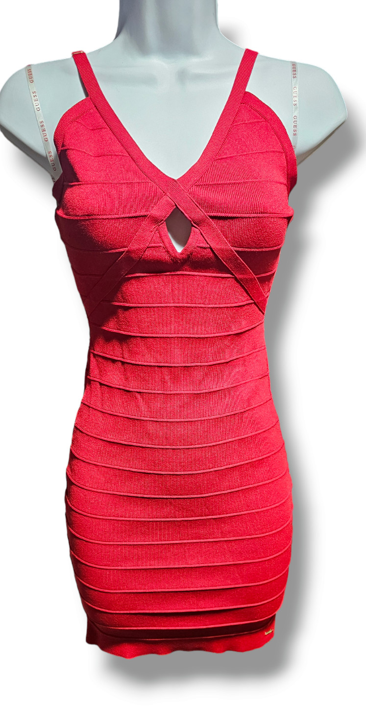 Guess Womens Dress Size XS Red Shoulder Straps Bodycon Gown Club Midi V Neck