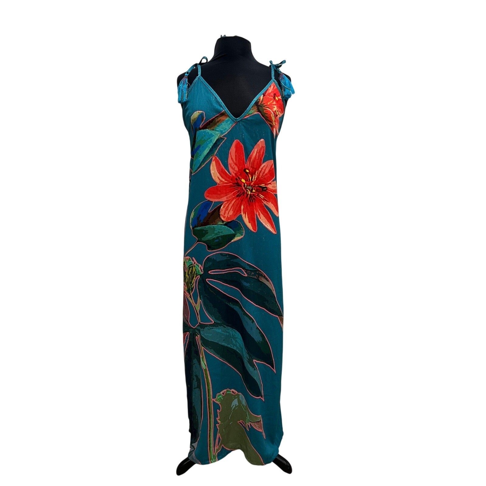 Cosita Linda Beachwear Teal Floral Metallic Lurex Maxi Dress Tassel Straps M