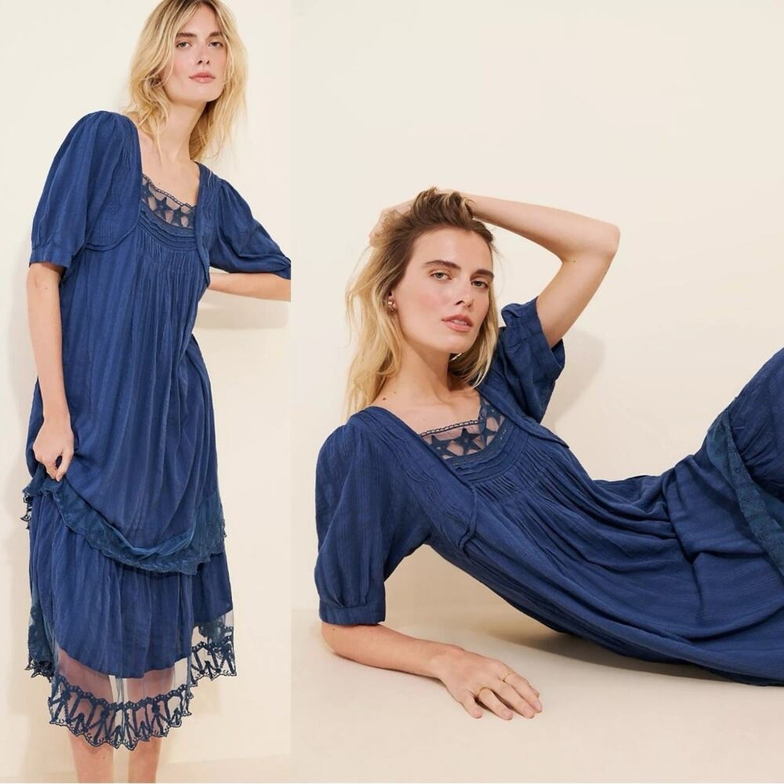 Free People Bohemian Cottage Americana Star Lace Calder Midi Dress Size Medium