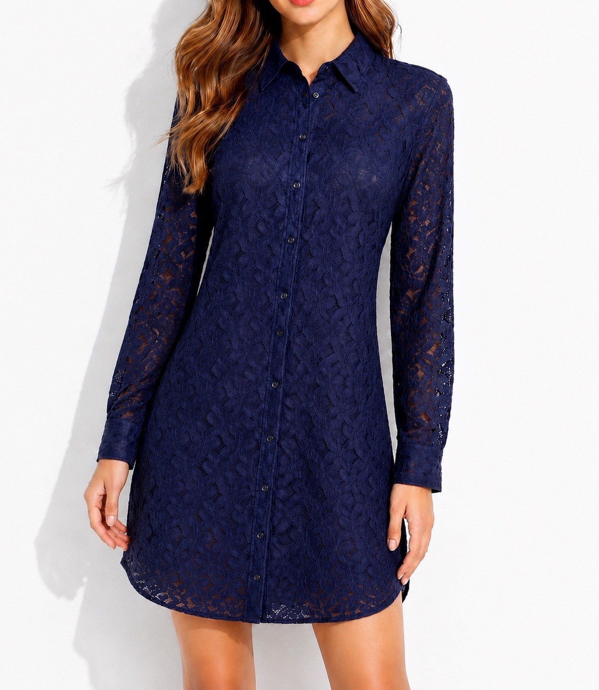 Lace Shirt Dress Navy Long Sleeve Small Stretch Quiet Luxury Old Money Packable