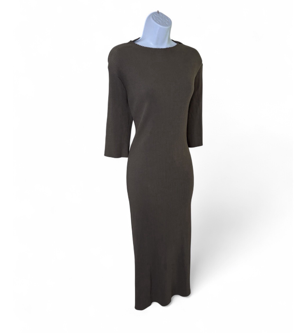 Vince Cotton Spandex Ribbed Mock Neck Elbow Sleeve Dress Taupe L